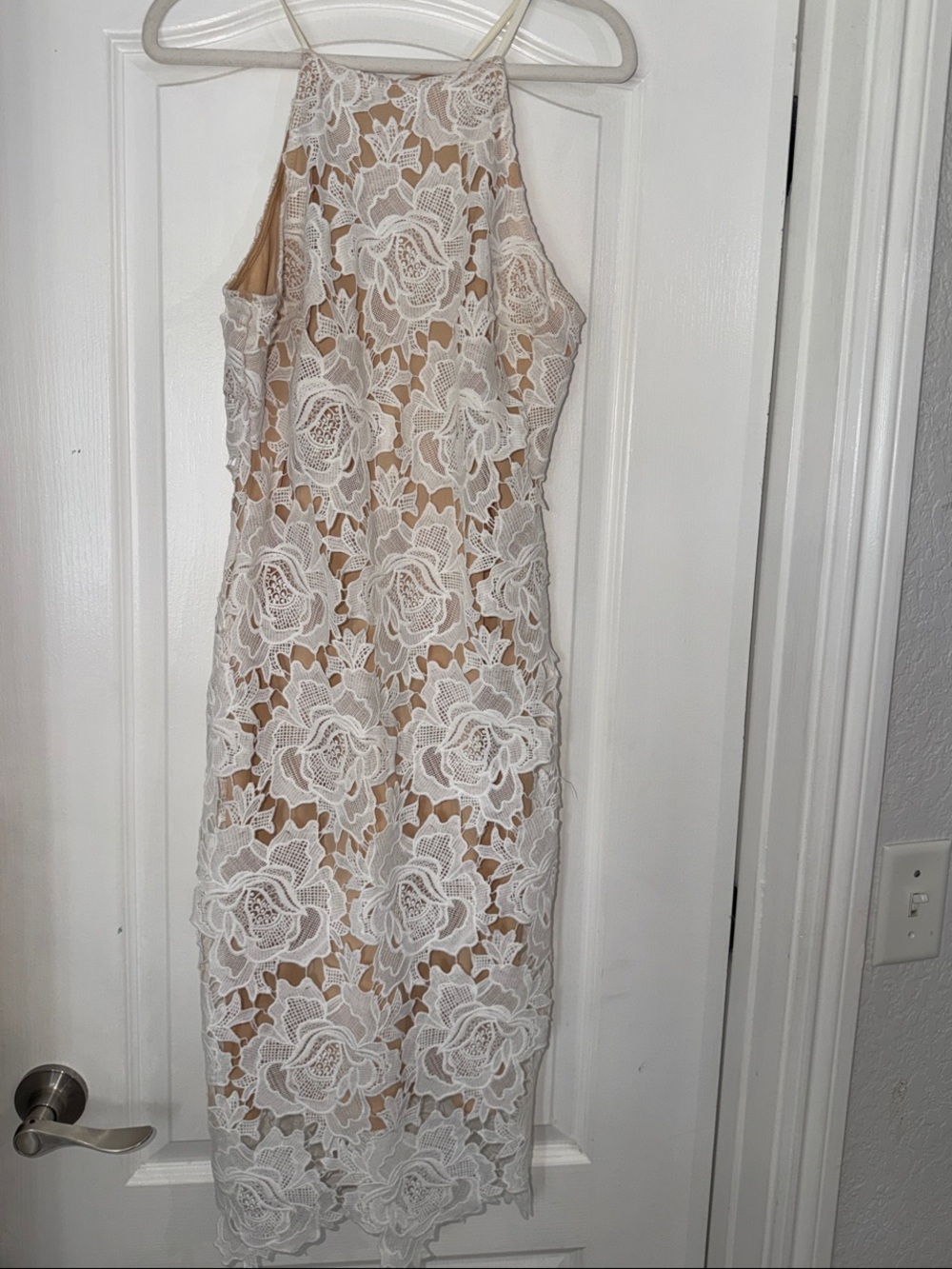 Lulu's White Floral Lace Midi Dress with Nude Lining